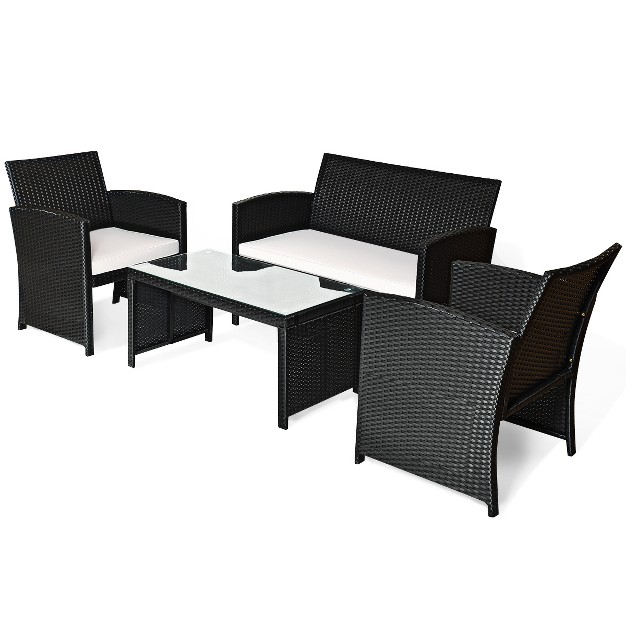 Tangkula 4 Piece Outdoor Patio Rattan Furniture Set Black Wicker Cushioned Seat For Garden Porch Lawn