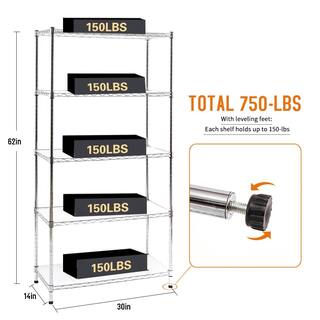 EFINE Chrome 5-Tier Carbon Steel Wire Garage Storage Shelving Unit NSF Certified (30 in. W x 60 in. H x 14 in. D) RL200-5C