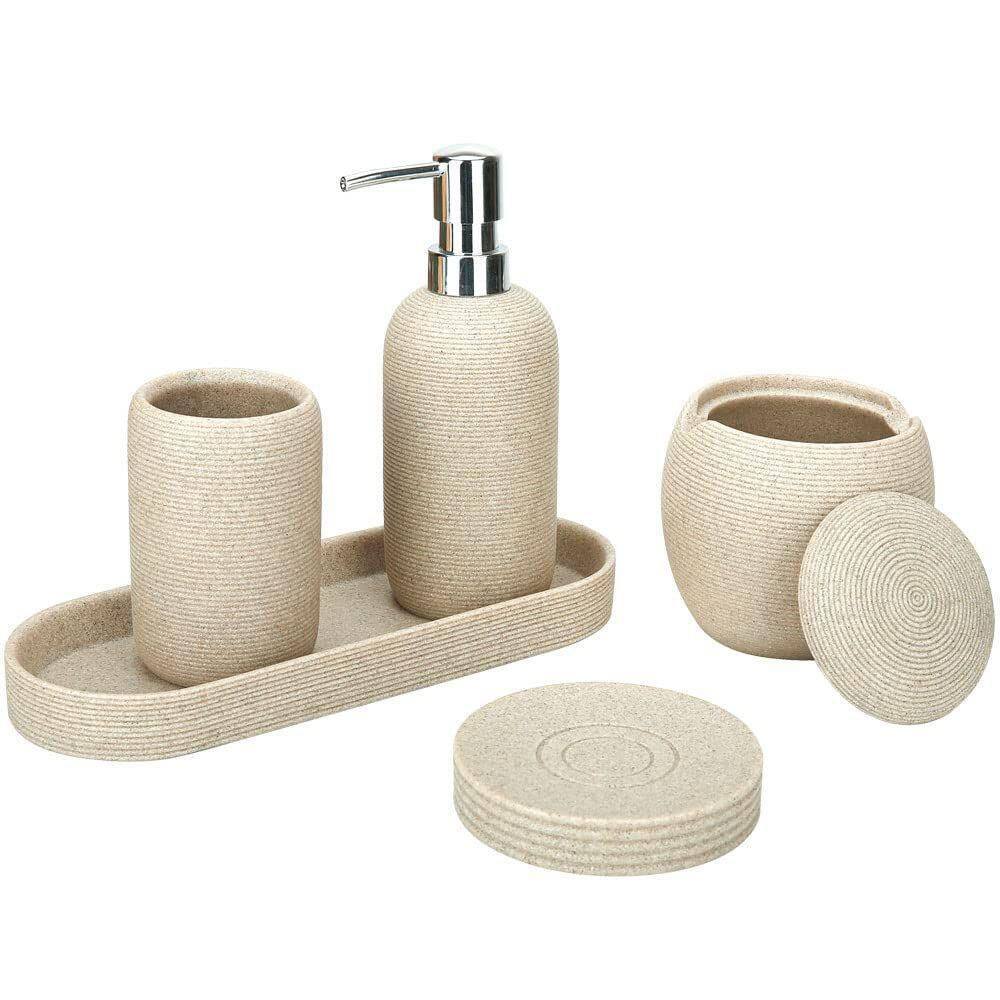 Dracelo 5-Piece Bathroom Accessory Set with Lotion Dispenser Soap Dish Toothbrush Holder Tray Qtip Holder Dispenser in Beige B0B6ZZVQ7G