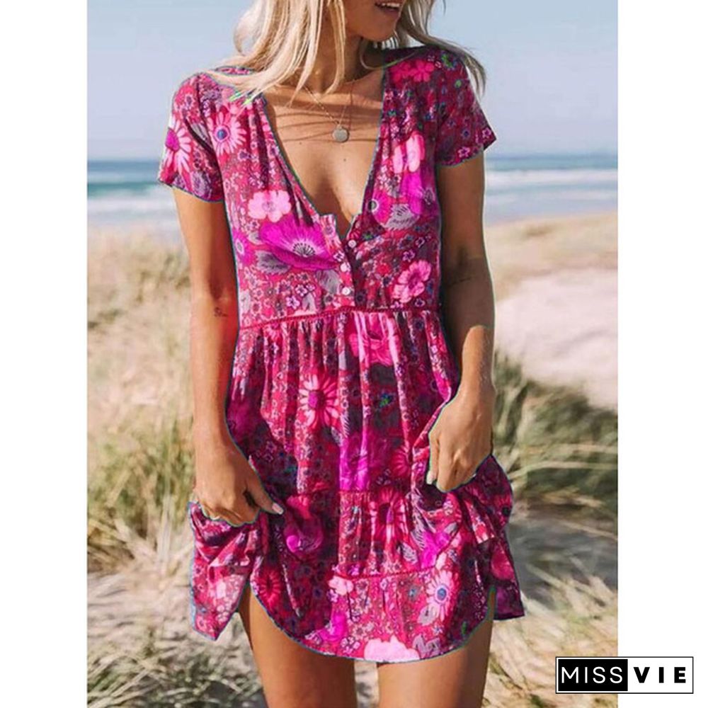 XS-8XL Summer Dress Plus Size Fashion Women's Casual Short Sleeve T-shirt Dress Floral Flower Printed Party Dress Ladies V-neck Loose Mini Dress Beach Wear Pleated Dress