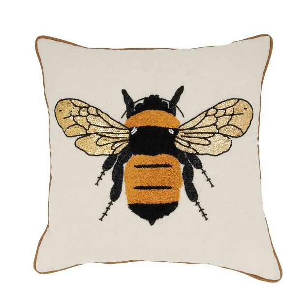 Saro Lifestyle Embroidered Bumble Bee Bliss Poly Filled Throw Pillow 18 quot Beige