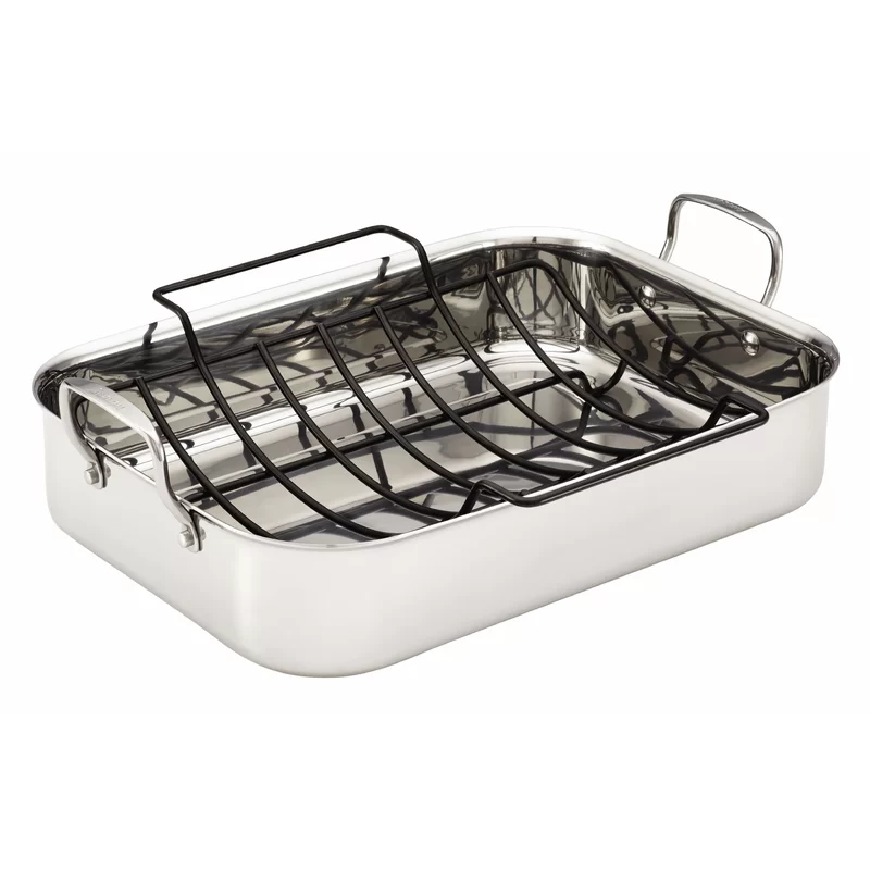 Anolon 30834 Triply Clad Stainless Steel Roaster / Roasting Pan with Rack - 17 Inch x 12.5 Inch， Silver