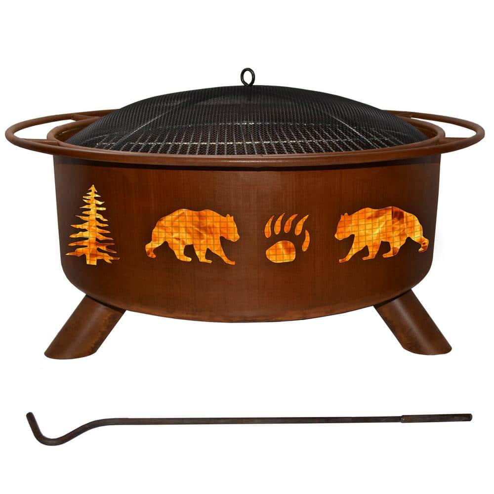 Bear and Trees 29 in x 18 in Round Steel Wood Burning Fire Pit in Rust with Grill Poker Spark Screen and Cover