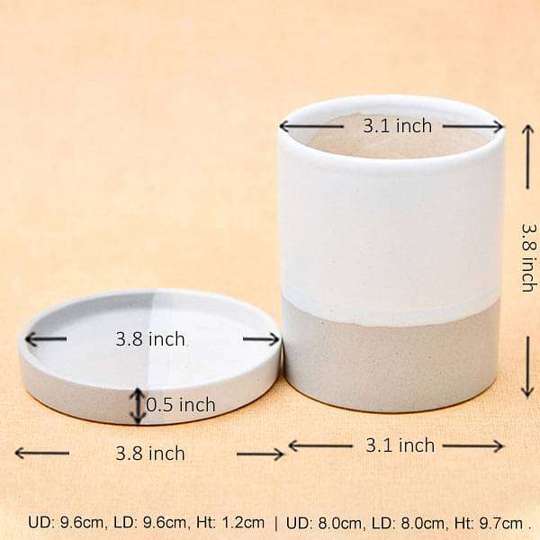 3.1 inch (8 cm) CP043 Cylindrical Ceramic Pot with Plate (White, Grey) (set of 2)