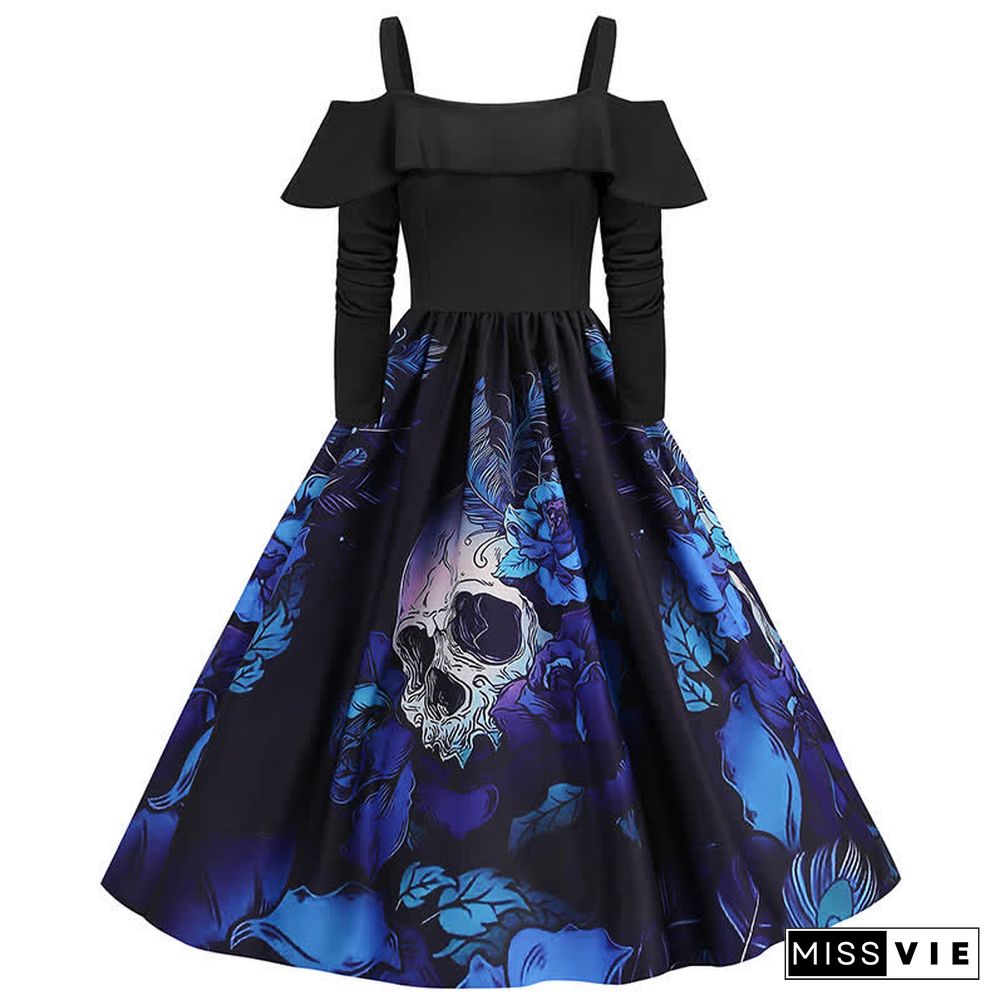 Halloween Printed Off The Shoulder Long Sleeve Dress