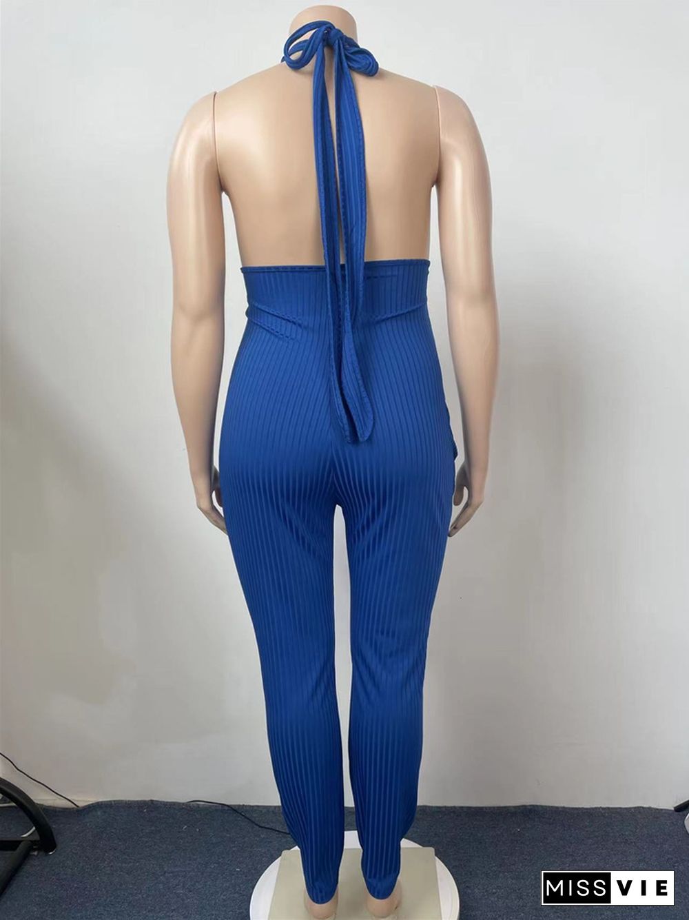 Ribbed Halter V-neck Backless Classic Jumpsuit