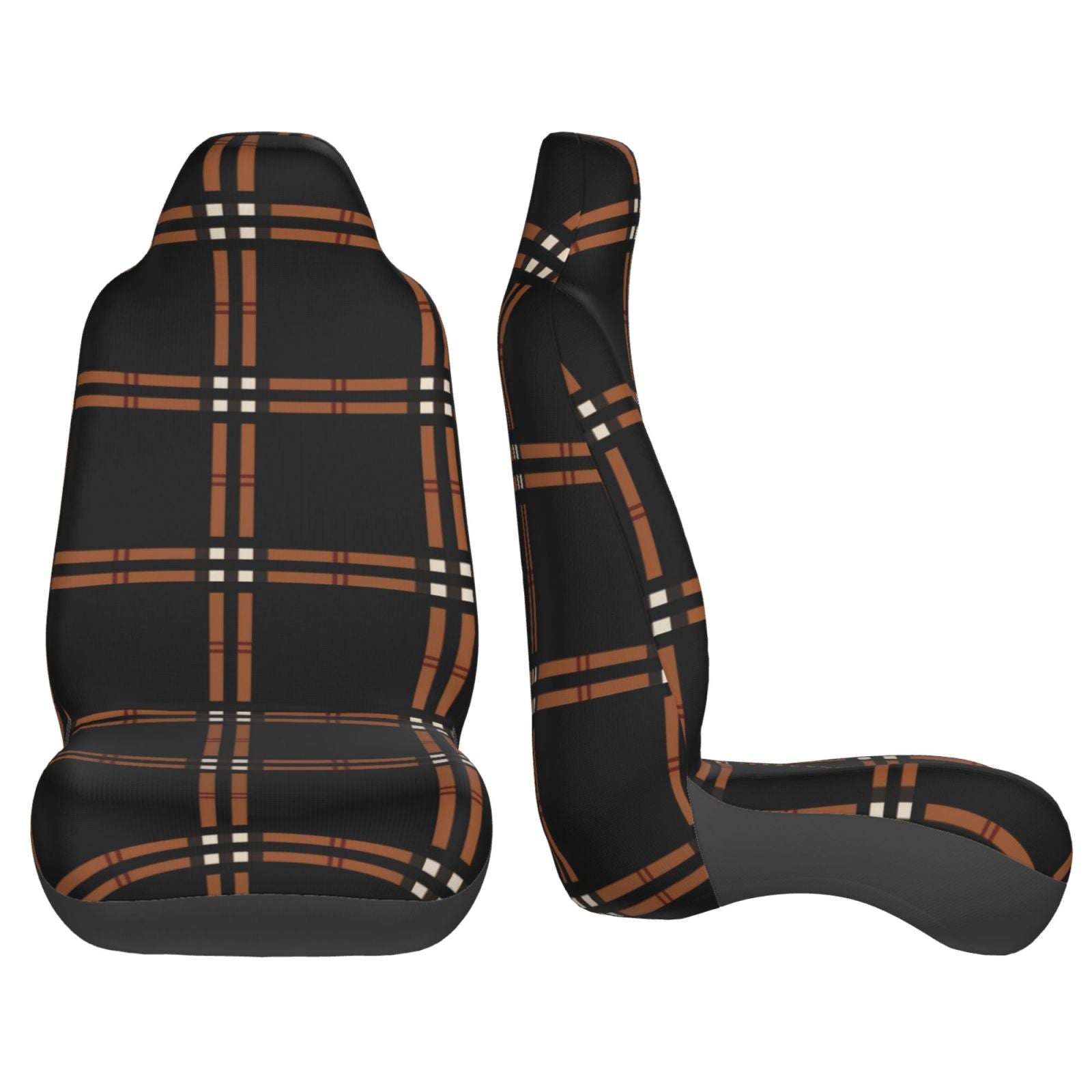 TEQUAN Front Seat Covers， Brown Plaid Stripes Pattern 2 Piece Car Seat Cover Fit Most Car SUV Truck Van