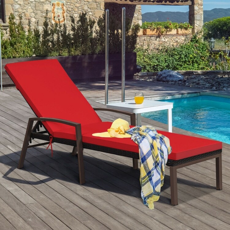 Patio Back Adjustable Cushioned Rattan Lounge Red   76\