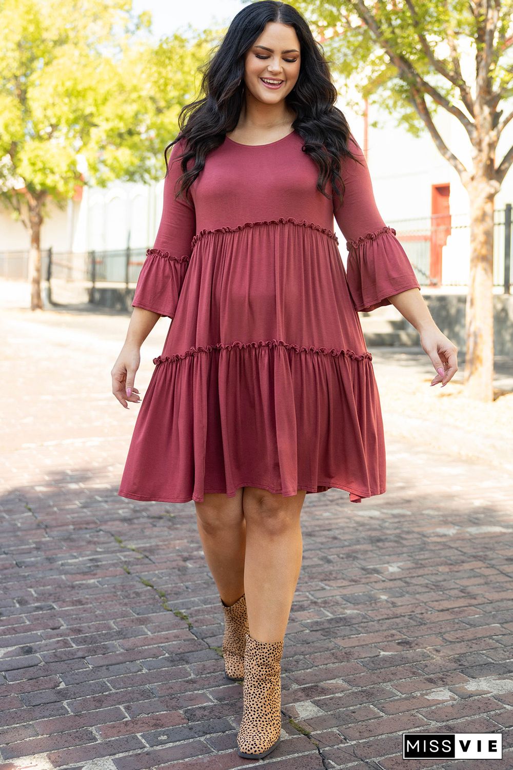 Red Tiered Ruffled 3/4 Sleeve Plus Size Dress