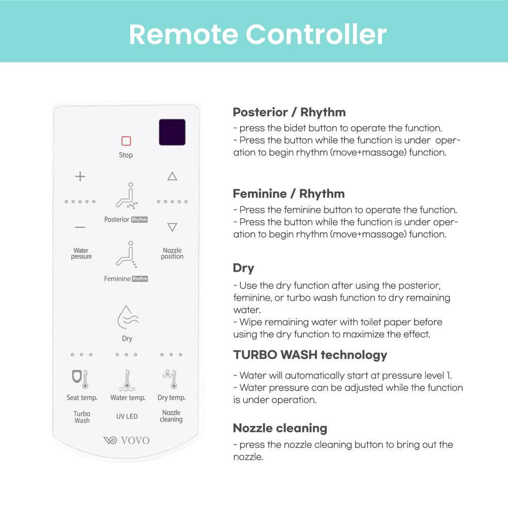 VOVO Stylement Electric Smart Bidet Seat for Elongated Toilet in White Remote Stainless Nozzle UVA LED Sterilization