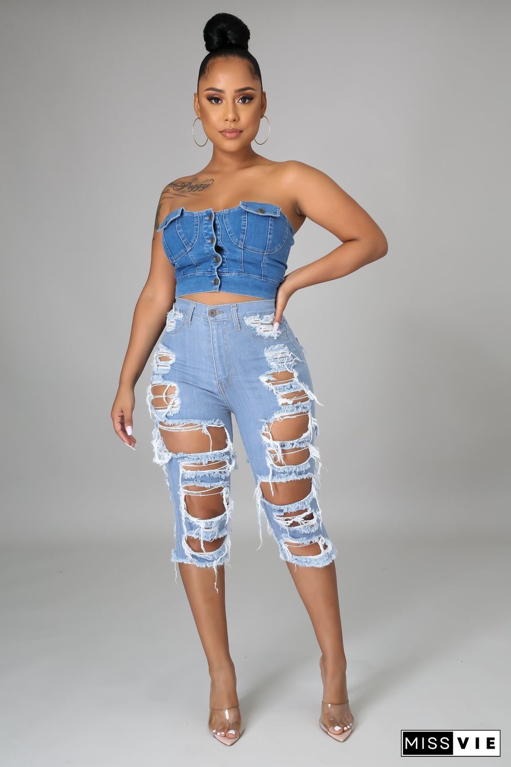 Women Sexy Streetwear Solid Color Skinny Stretch Ripped Hole High Waist Knee Length Pencil Jeans