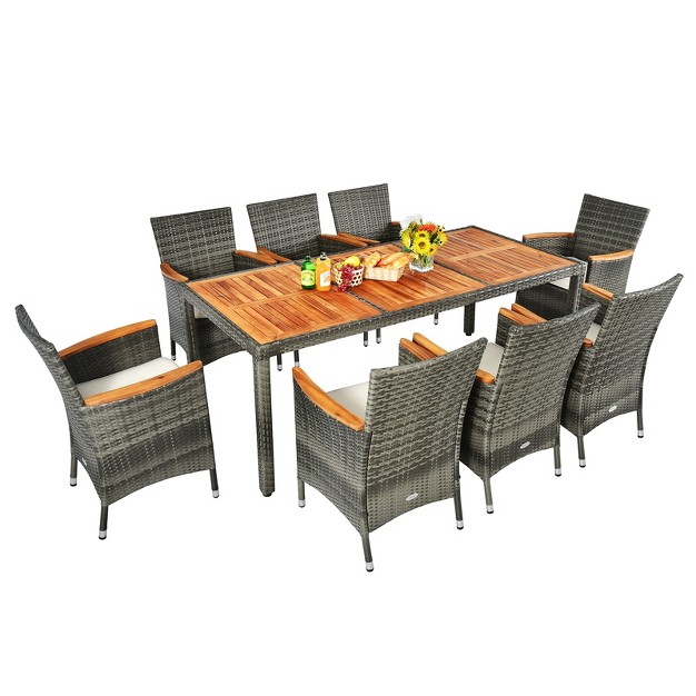 Tangkula 9pcs Patio Rattan Furniture Dining Set Acacia Wood Table Cushioned Chair For Outdoor