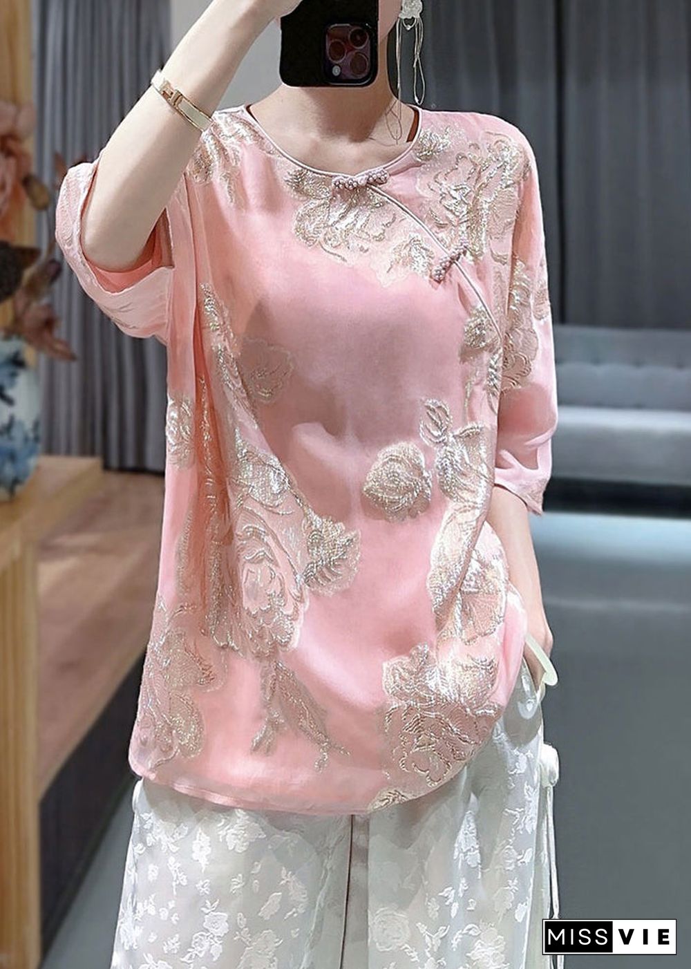 Chic Pink O-Neck Embroideried Button Silk Shirts Bracelet Sleeve