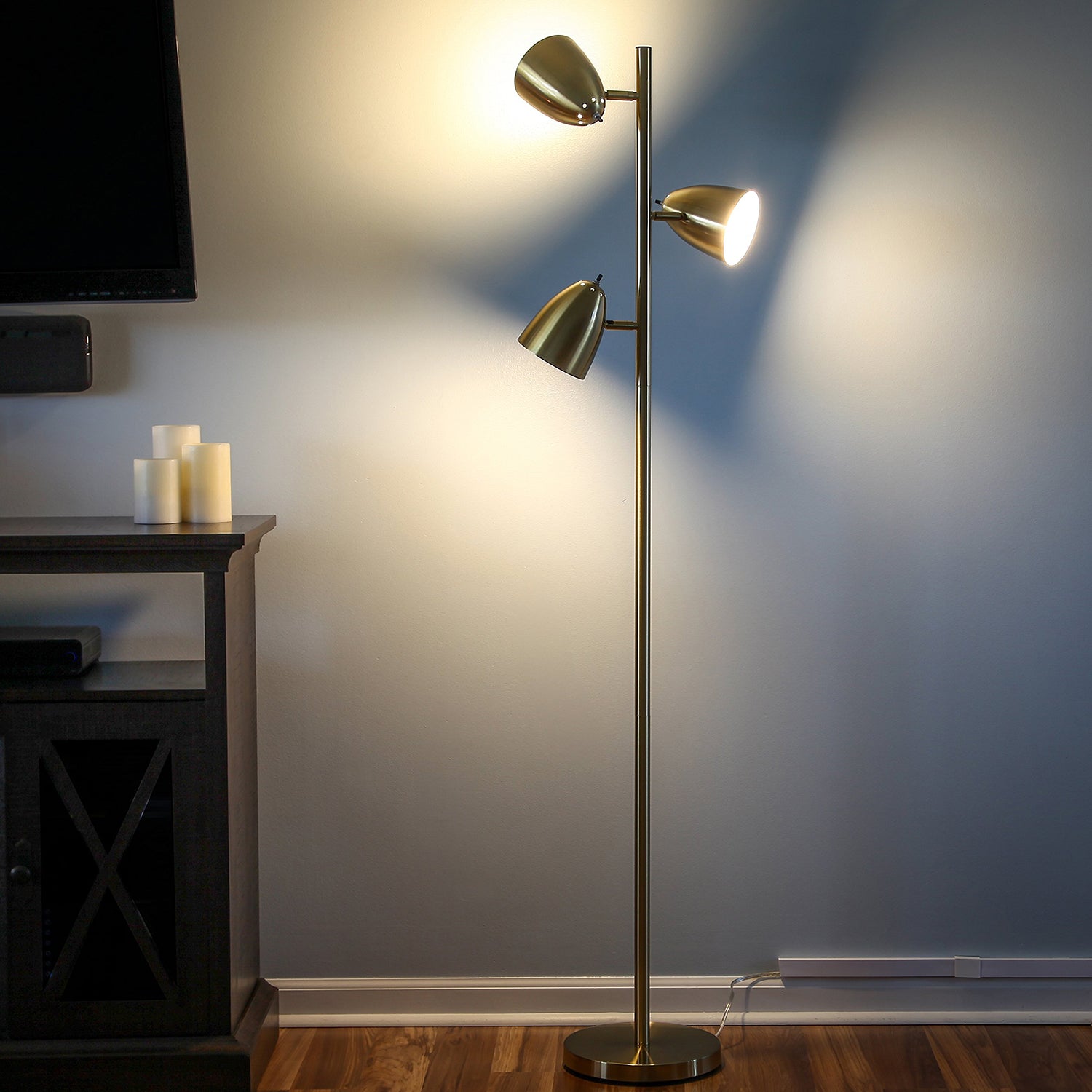 Jacob 64 in. Bronze Tree LED Floor Lamp with 3 Adjustable Lights, Brass