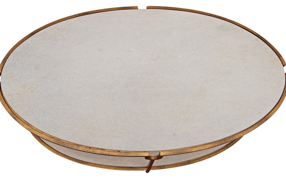 Hammered Gold Iron Marble Classic Oval Coffee Table  Shelves Stone White Luxe   Transitional   Coffee Tables   by My Swanky Home  Houzz