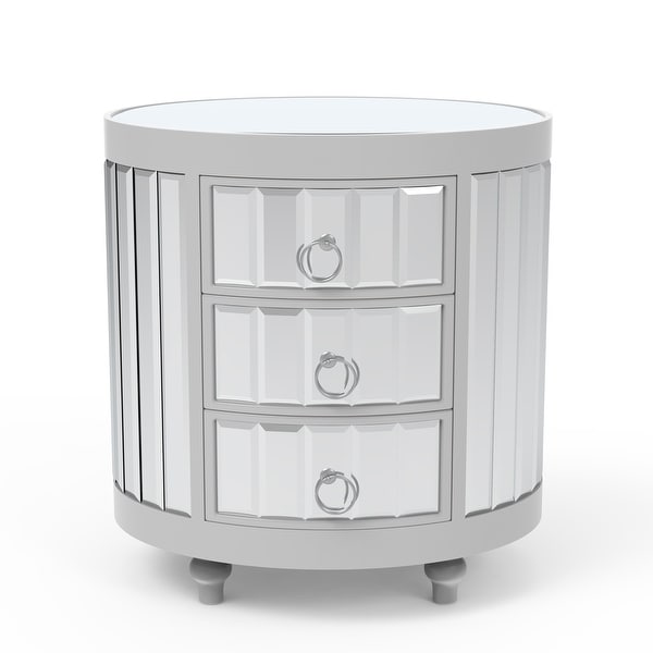 Round Mirrored Nightstand with 3-Drawers， Mirror End Table Silver Bedside Table