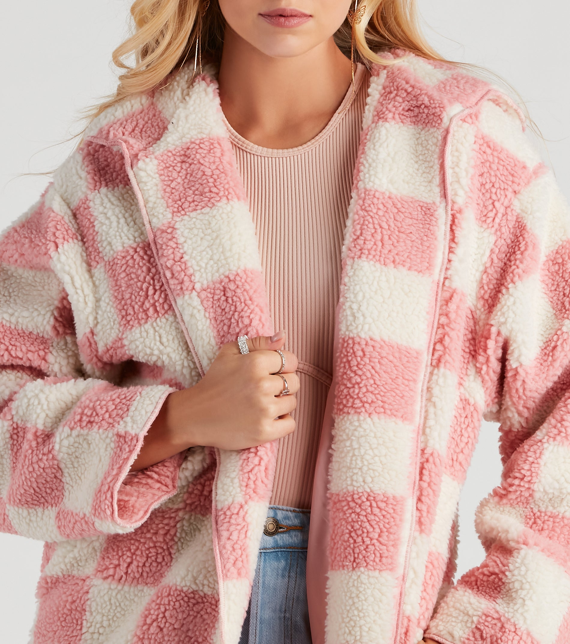 Cute In Checkered Faux Sherpa Jacket