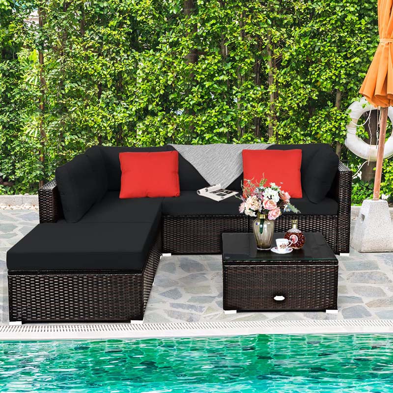 6 Pcs Outdoor Rattan Sectional Sofa Set with Coffee Table & Removable Seat & Back Cushions