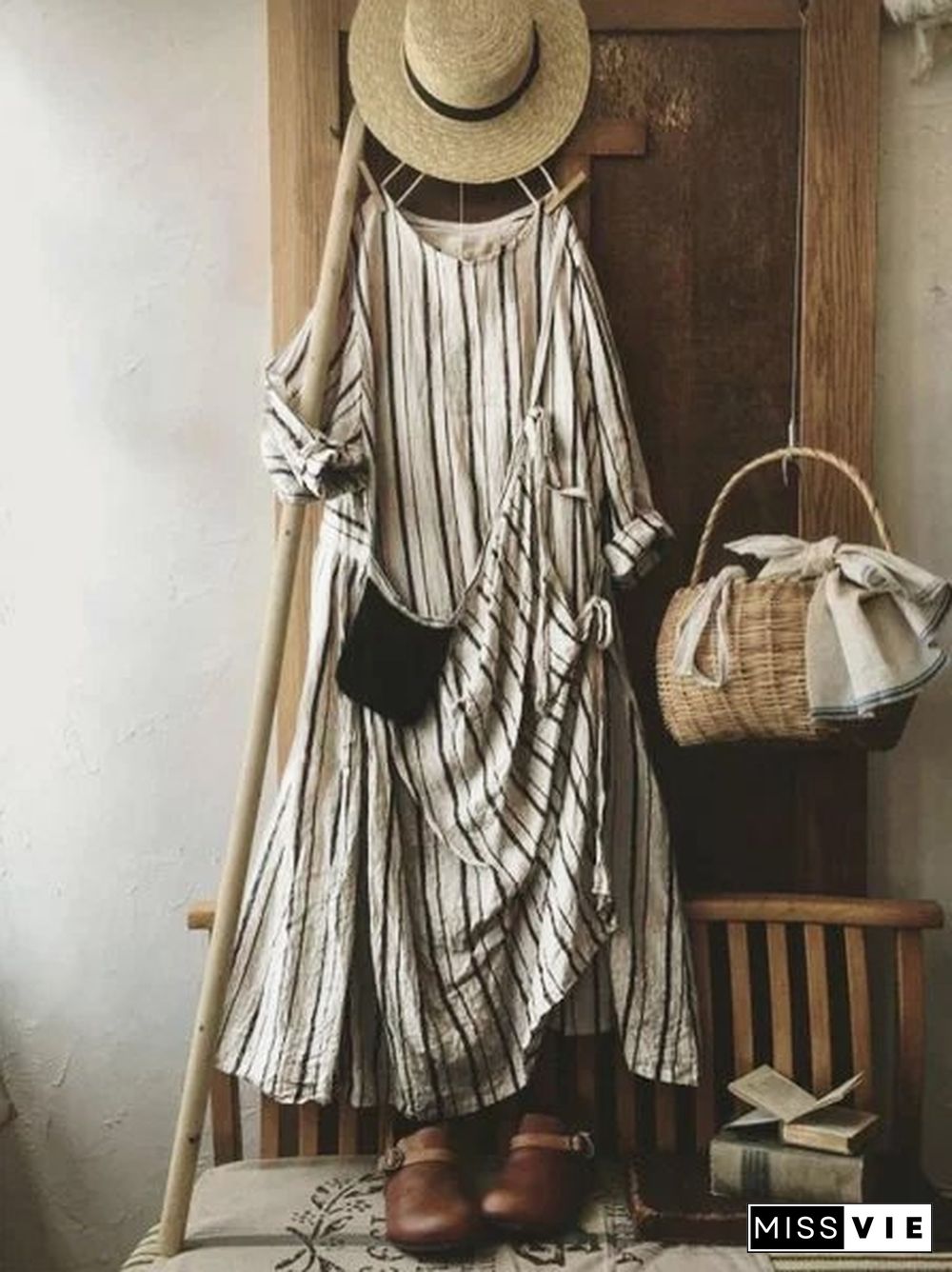 Vintage Striped Plus Size Long Sleeve Casual Weaving Dress