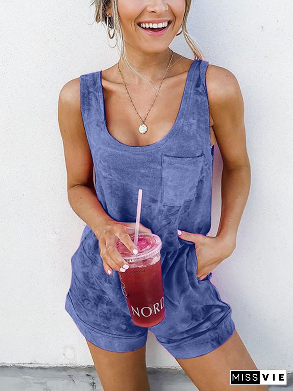 Fashion Tie Dye Sleeveless Pocket Rompers P11736