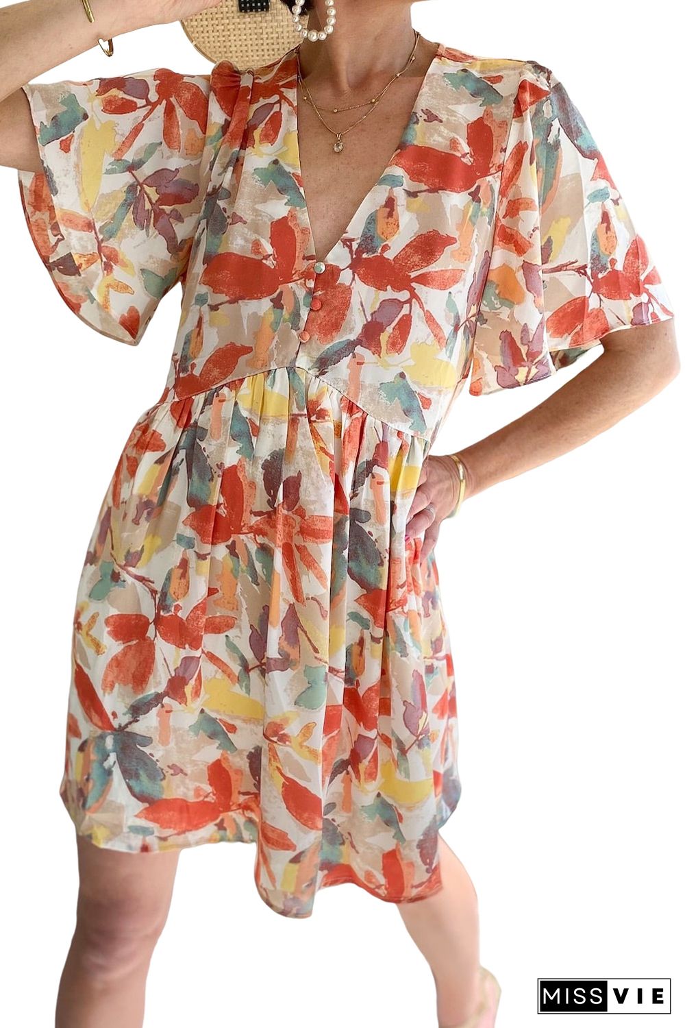 Multicolor Summer Floral Button V Neck Ruffle Flowy Dress