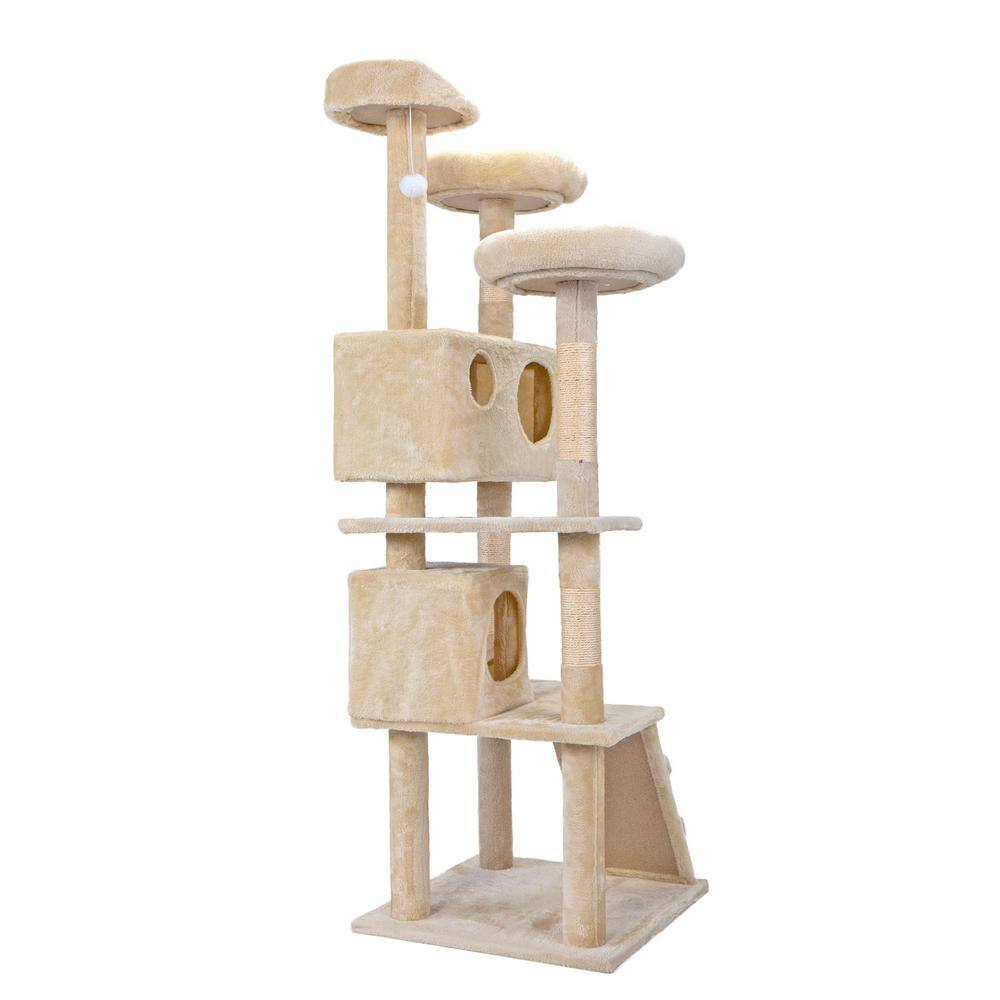 COZIWOW 59.5 in. Cat Tree Kitten Activity Condo Penthouse W/ Scratching Post and Ladder Beige CW12N0207