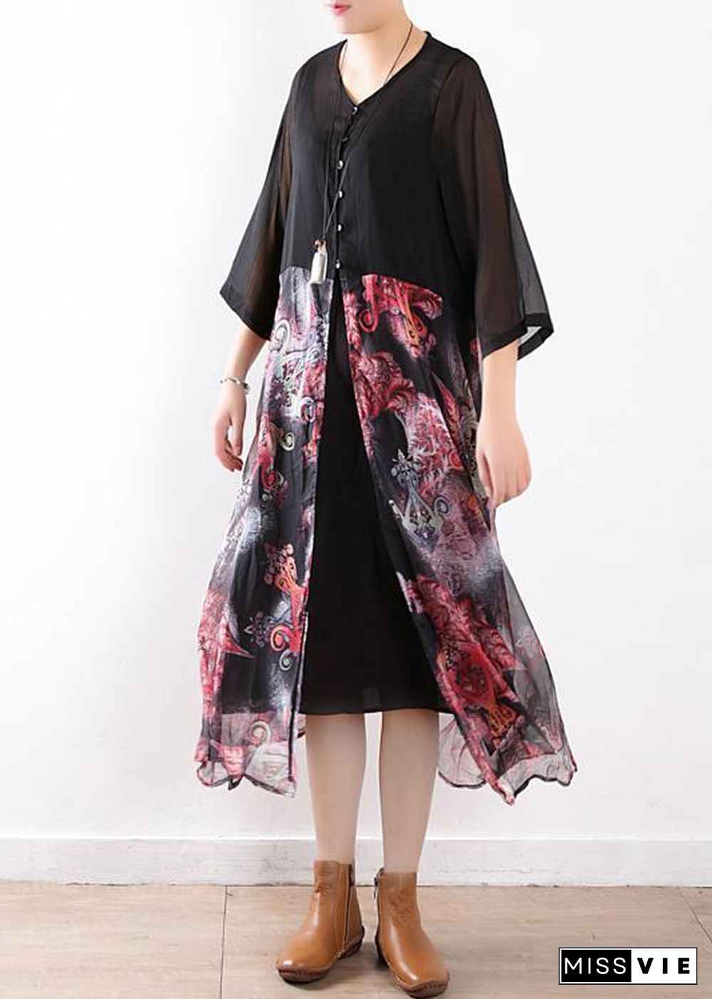 Women black chiffon cardigan For Women Fabrics patchwork prints Maxi summer Dress