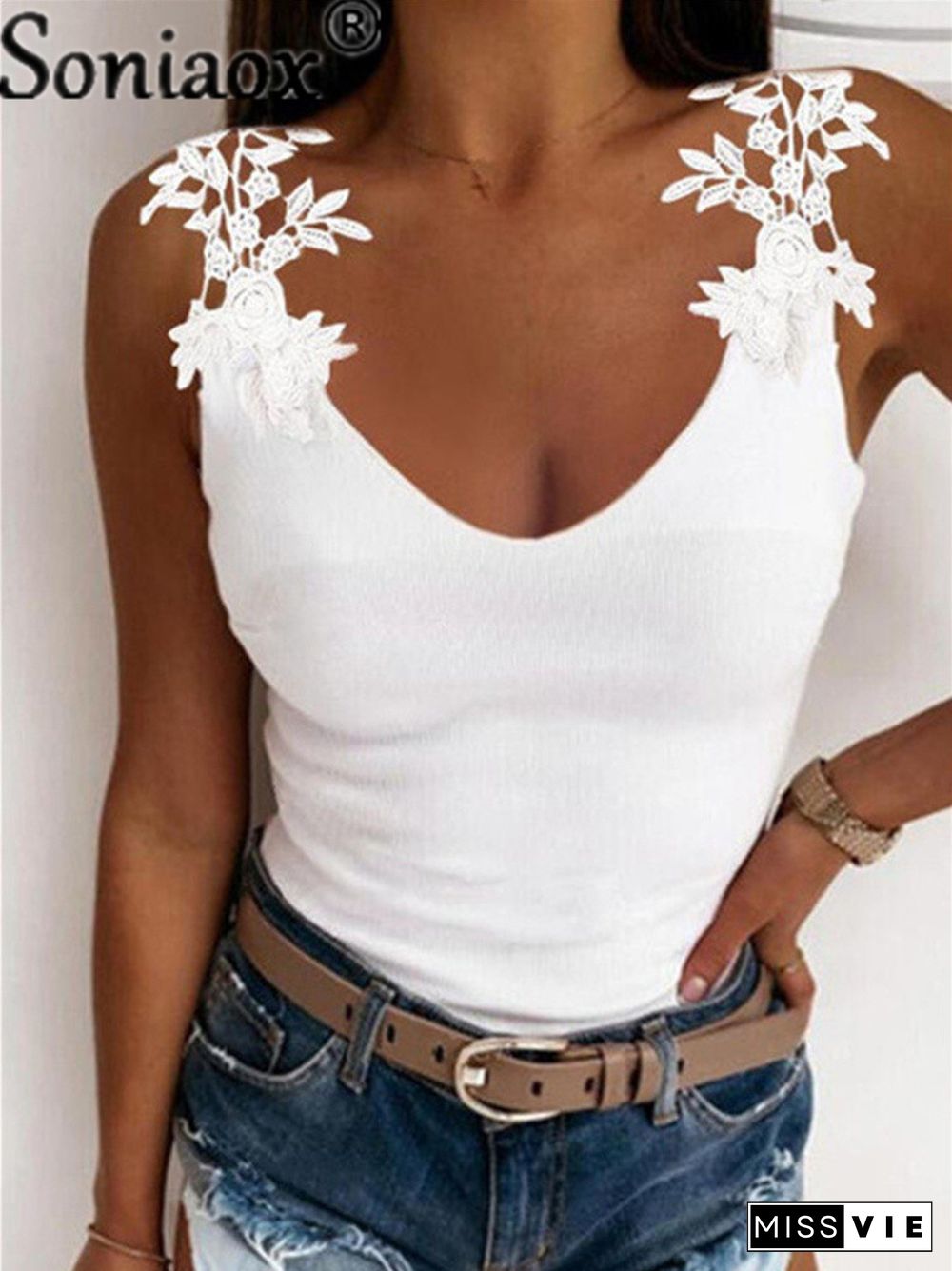 Sexy V-Neck Lace Vest Sleeveless Women Summer New Slim Casual Tees Solid Color Ladies Splice T-Shirt Tops S-5Xl