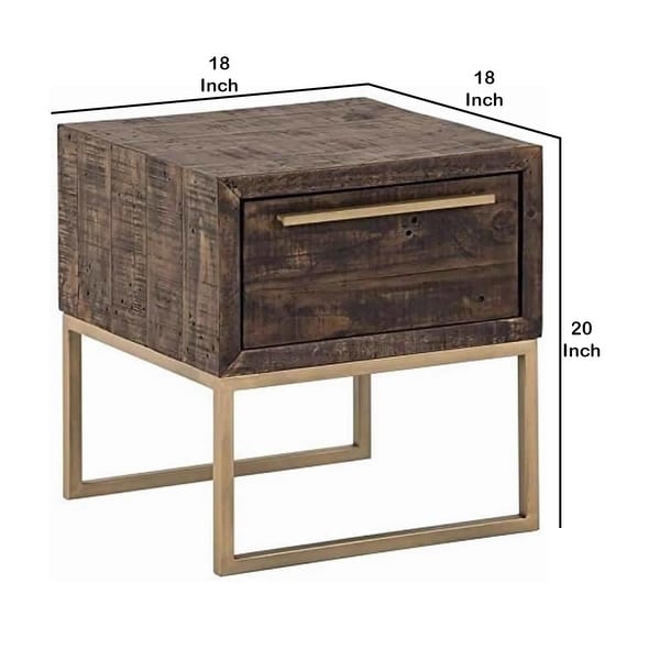 Wooden Lamp Table with 1 Storage Drawer and Metal Base， Brown and Gold - 20 H x 18 W x 18 L Inches