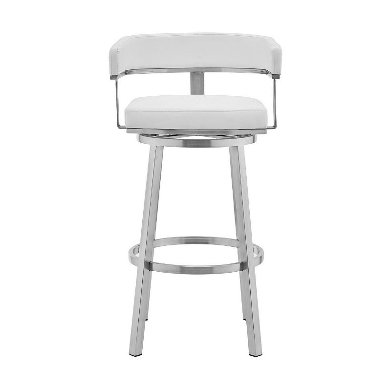 Swivel Barstool with Curved Open Back and Metal Legs， White and Silver