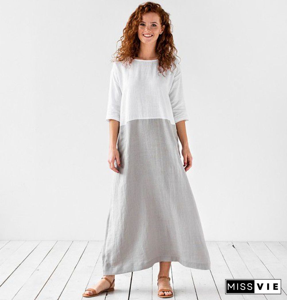 Loose Solid Cotton Linen Patchwork Dress Round Neck Seven Sleeve Skirt