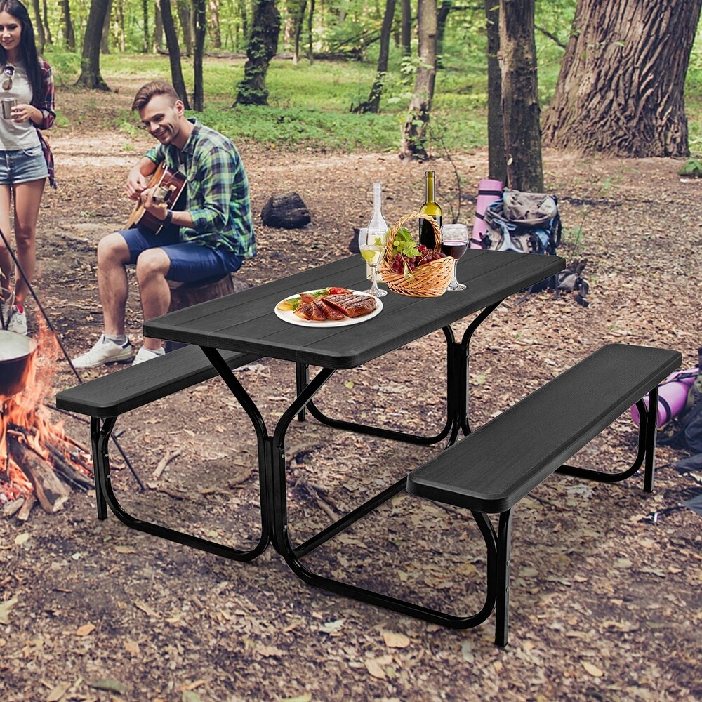 Outdoor Picnic Table Bench Set with Metal Base