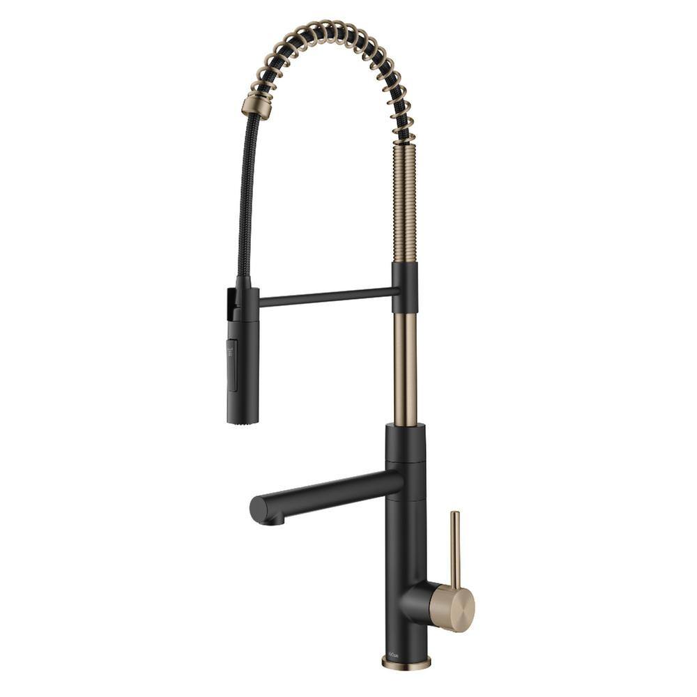 KRAUS Artec Pro Pull-Down Single Handle Kitchen Faucet with Pot Filler in Spot Free Antique Champagne Bronze  Matte Black KPF-1604SFACBMB