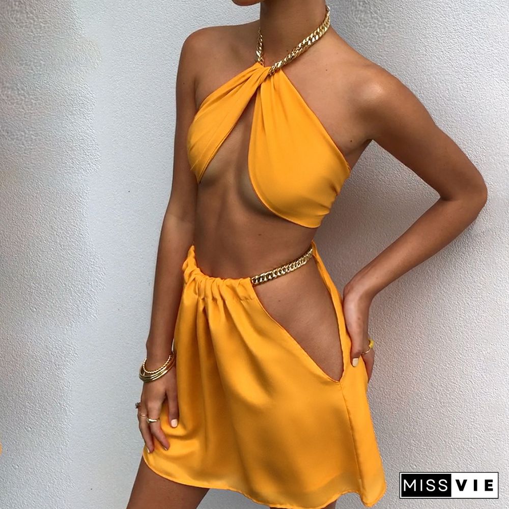 Mozision Satin Two Piece Set For Women Outfits Summer Sexy Club Party Dress Sets Metal Chain Halter Crop Top And Mini Skirt Set