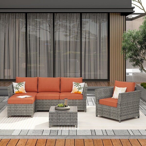 HOOOWOOO Patio Furniture Outdoor 6piece Grey Rattan Sectional Set with Ottoman