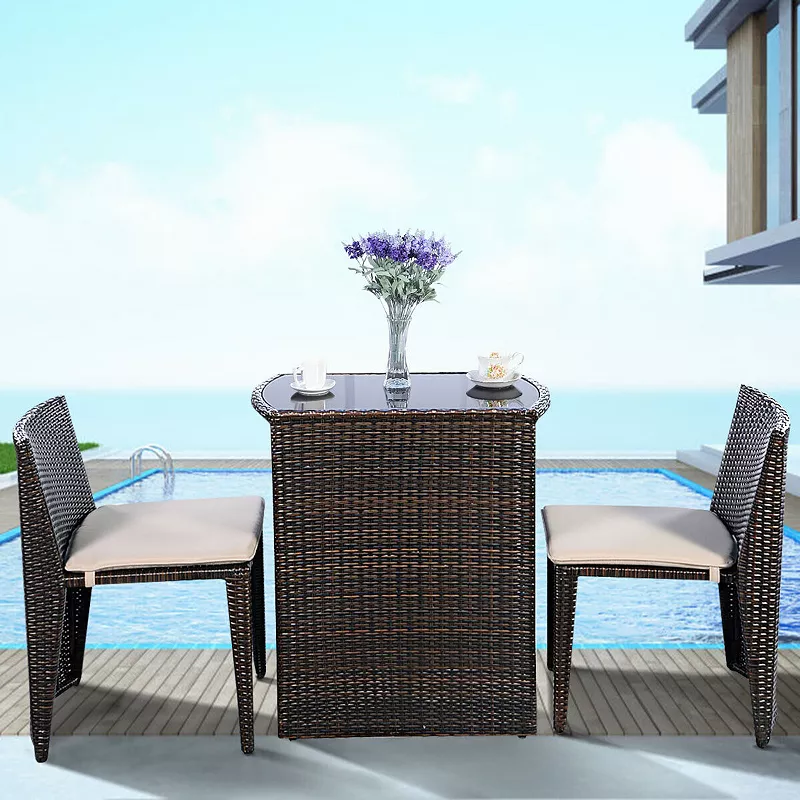 3 Pieces Cushioned Wicker Patio Bistro Set