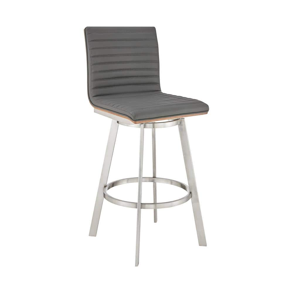 Armen Living Jermaine 30 in. Bar Height High Back Swivel Bar Stool in Brushed Stainless Steel and Grey Faux Leather 721535762057