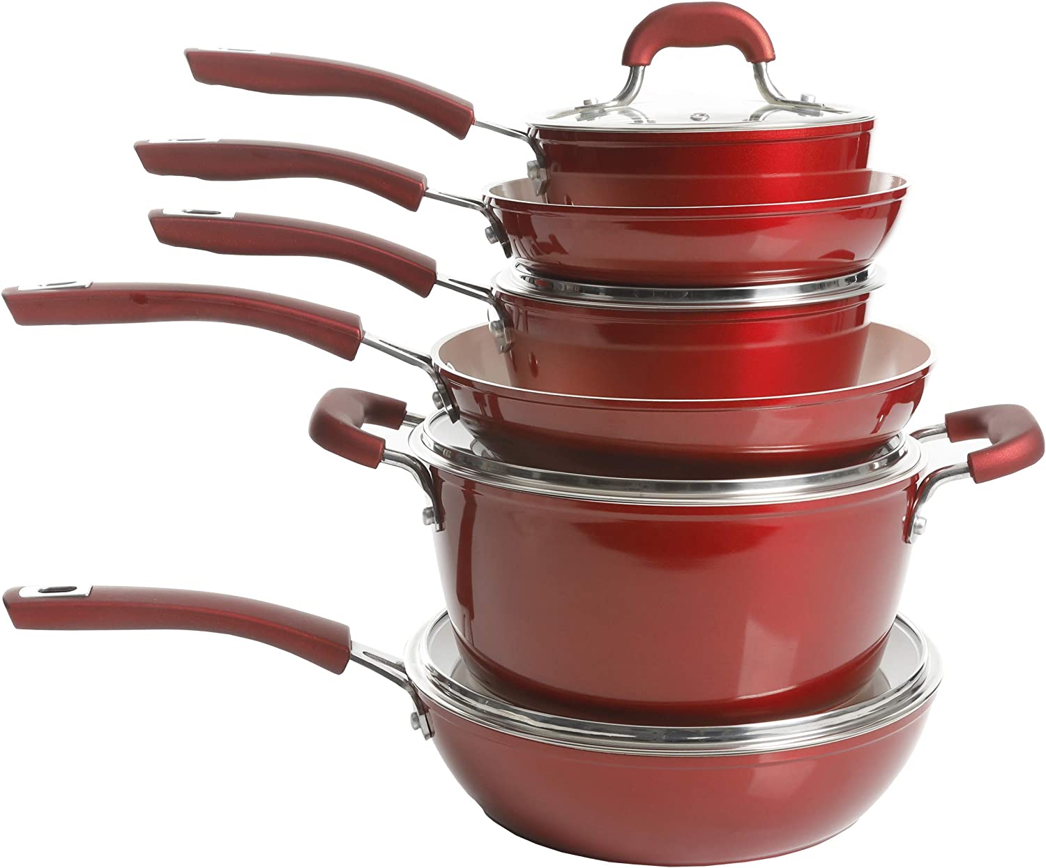 Kenmore Arlington Healthy Nonstick Ceramic Coated Forged Aluminum Induction Cookware， 12-Piece， Metallic Red