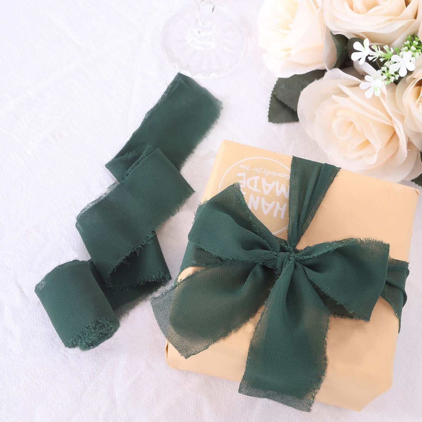 2 Pack Hunter Emerald Green Silk-Like Chiffon Linen Ribbon Roll For Bouquets, Wedding Invitations Gift Wrapping 6yd