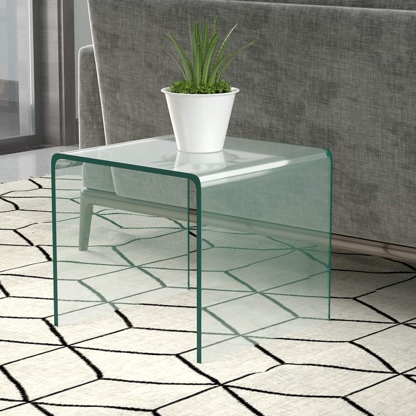 Tempered Glass End Table， Clear Sofa End Tables with Waterfall Edges and Non-Slip Pad， 18 x 18 x 16 inches， No Assembly Needed