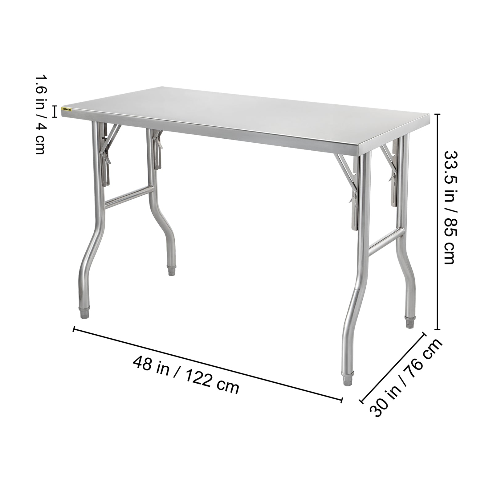 VEVOR Commercial Work Table Workstation 48 x 30 Inches Folding Commercial Prep Table， Heavy-Duty Stainless-Steel Folding Table with 661 lbs Load， Silver Stainless-Steel Kitchen Island