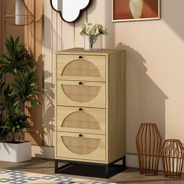 Boho Dresser Tower， Free Standing Storage Cabinet with 4 Rattan Drawers， Hallway Wooden Tall Storage Dressers Drawer Units - - 35711439