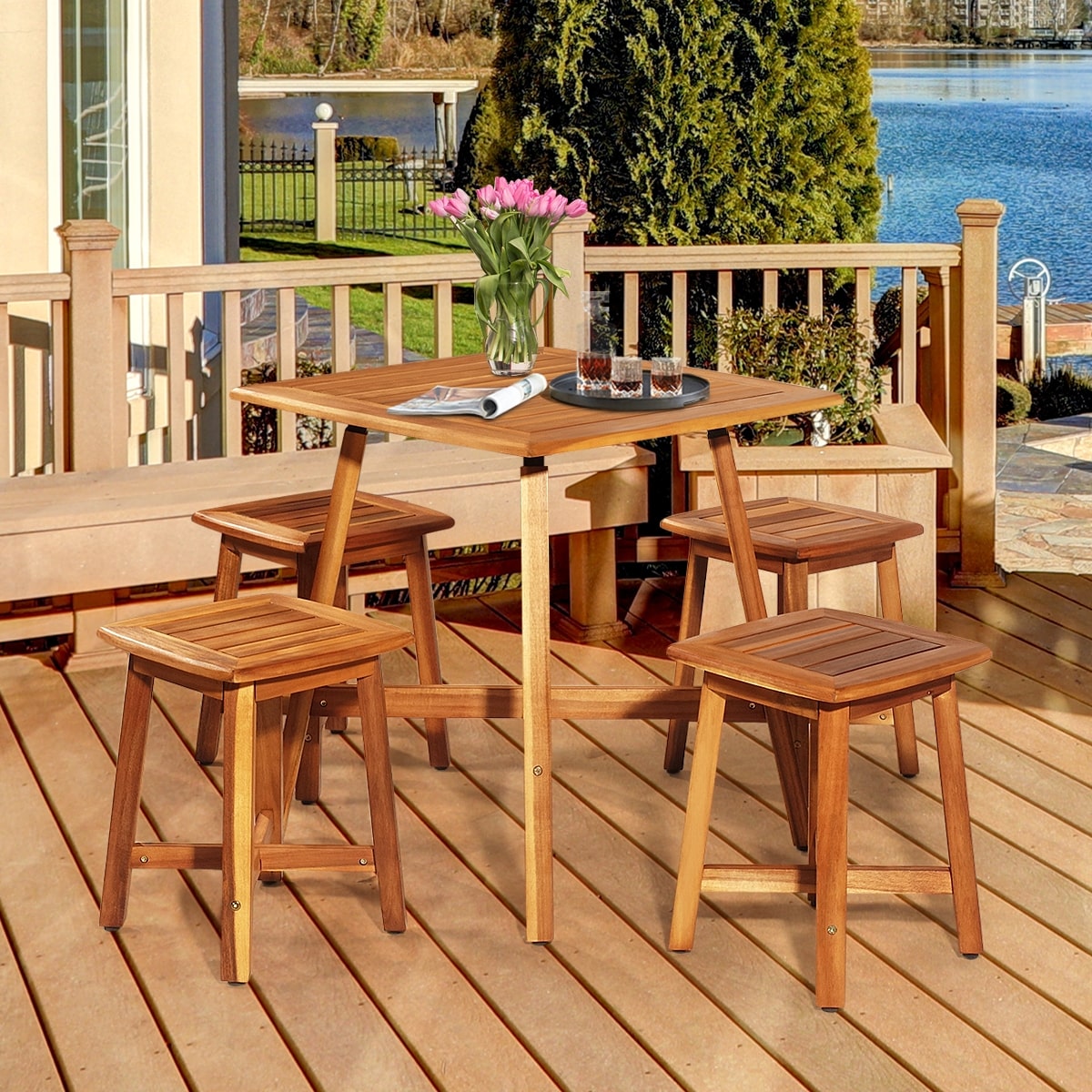 5 Pcs Acacia Wood Patio Dining Set with Square Table & 4 Stools, Outdoor Conversation Bistro Set