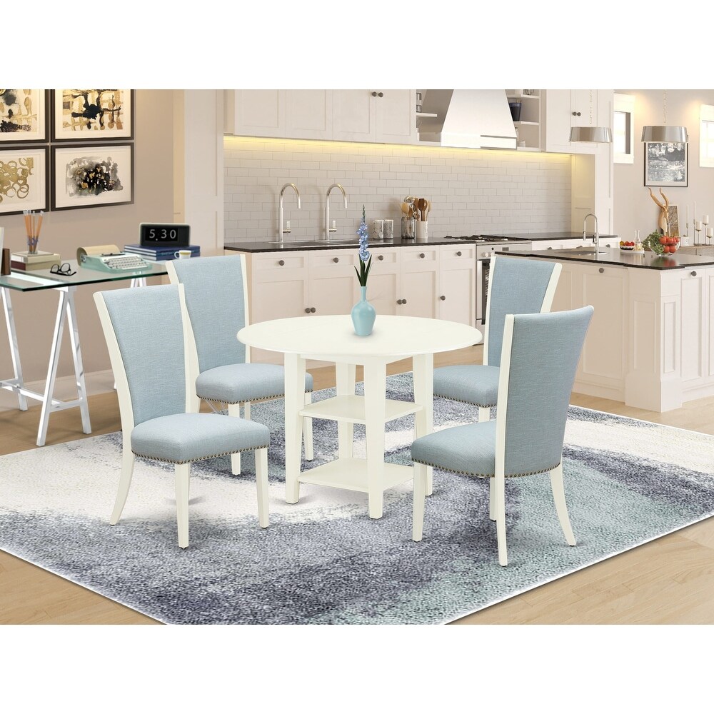 East West Furniture Kitchen Table Set  a Dining Table and Baby Blue Linen Fabric Chairs  Linen White(Pieces Options)