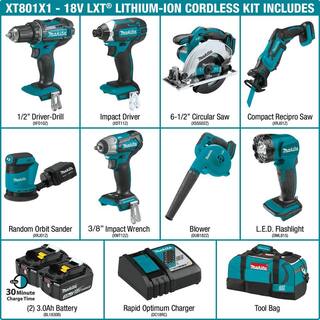 Makita 18V LXT Lithium-Ion 8-Piece Kit Drill Impact Drvr Circ Saw Recip Saw Sander Impact Wrench Blower Light 3. 0Ah XT801X1