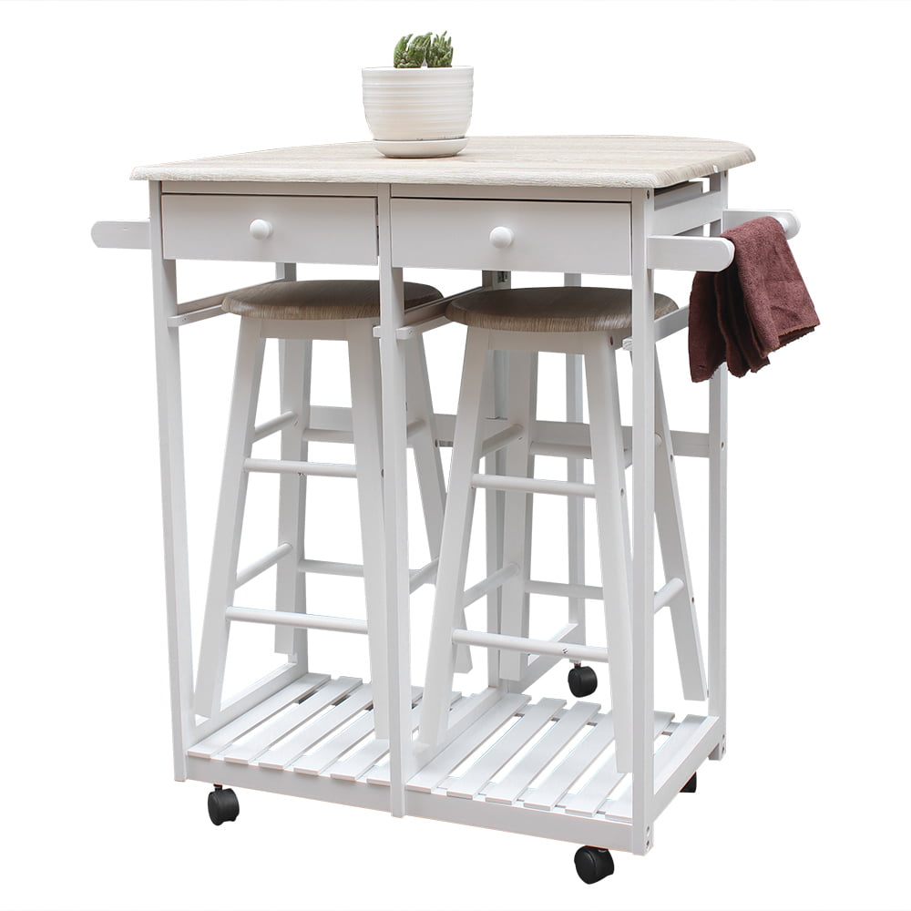 UBesGoo Wood Double Drawer Rolling Kitchen Cabinet Storage Cart 2 Stools