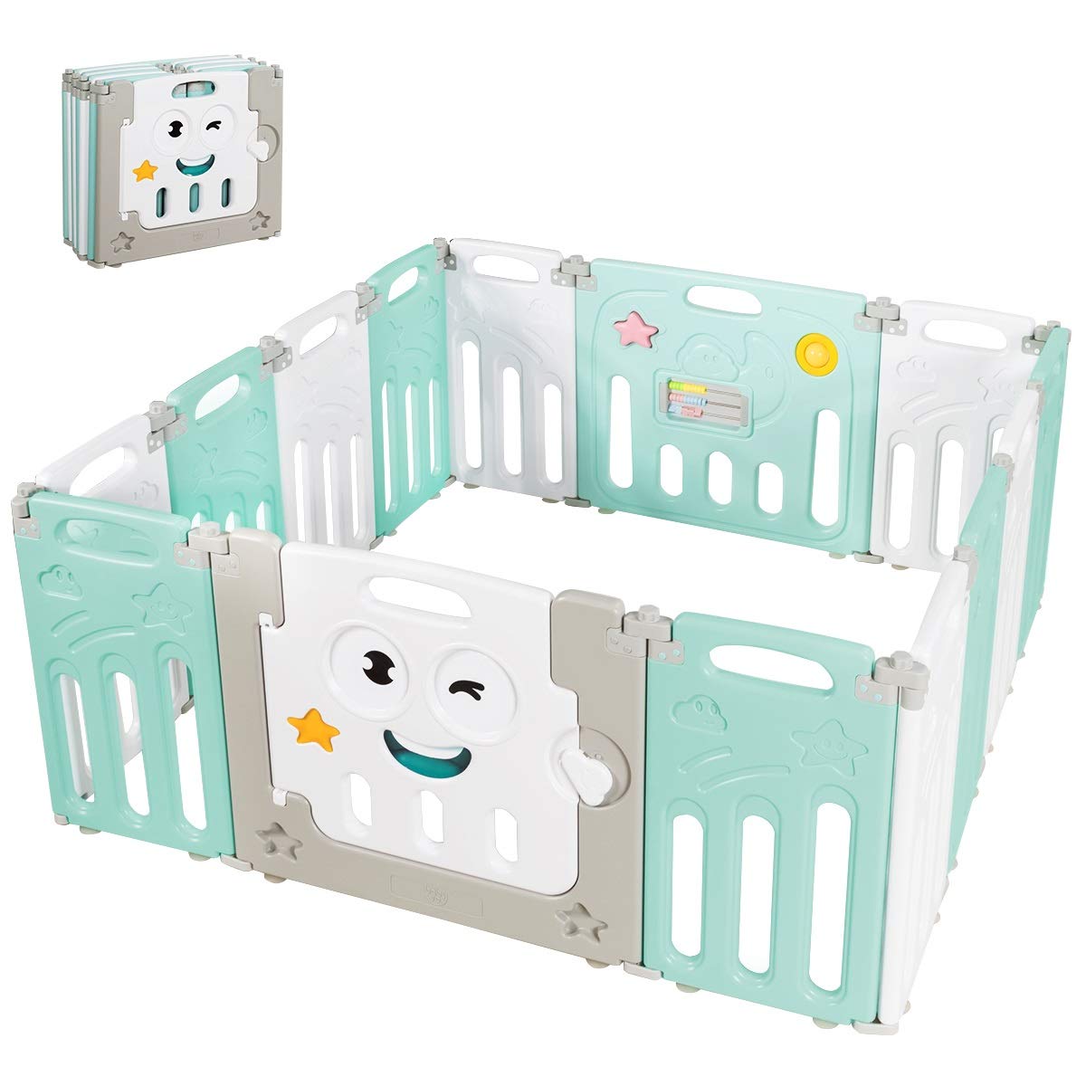 Costzon Foldable Baby Playpen, 14/16-Panel Baby Play Yards with Lock Door & Anti-Slip Rubber Bases