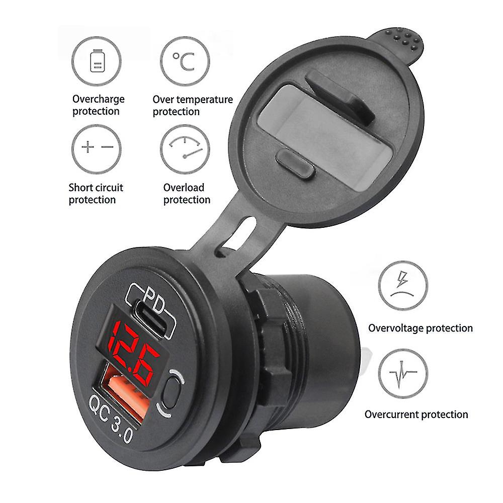 12v-24v 48w Usb Outlet Waterproof Charger Socket Pd And Qc3.0 Usb Port With Led Voltage For Car Tru