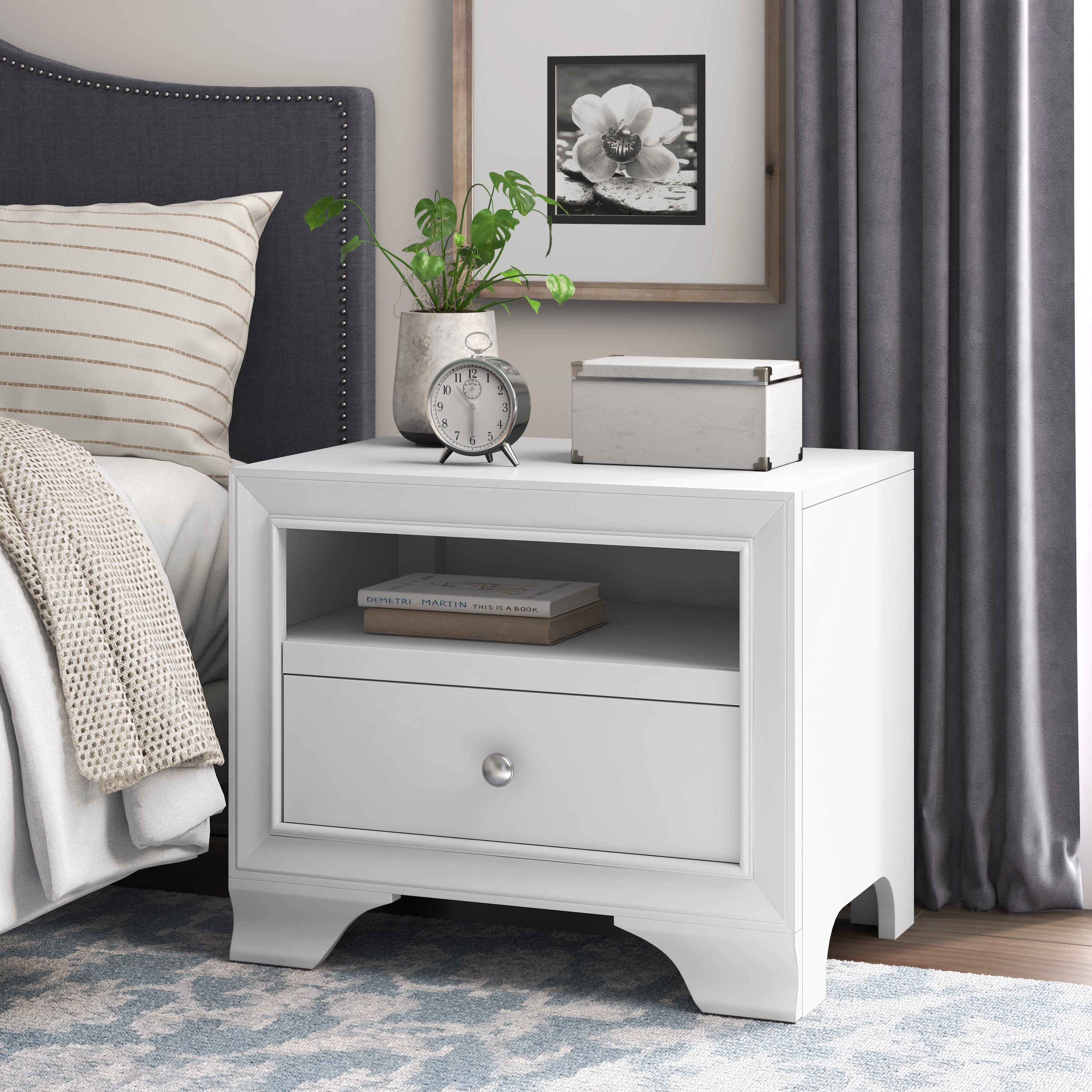 ClickDecor Edmond 1 Drawer Nightstand End Table with USB Charging Station, White