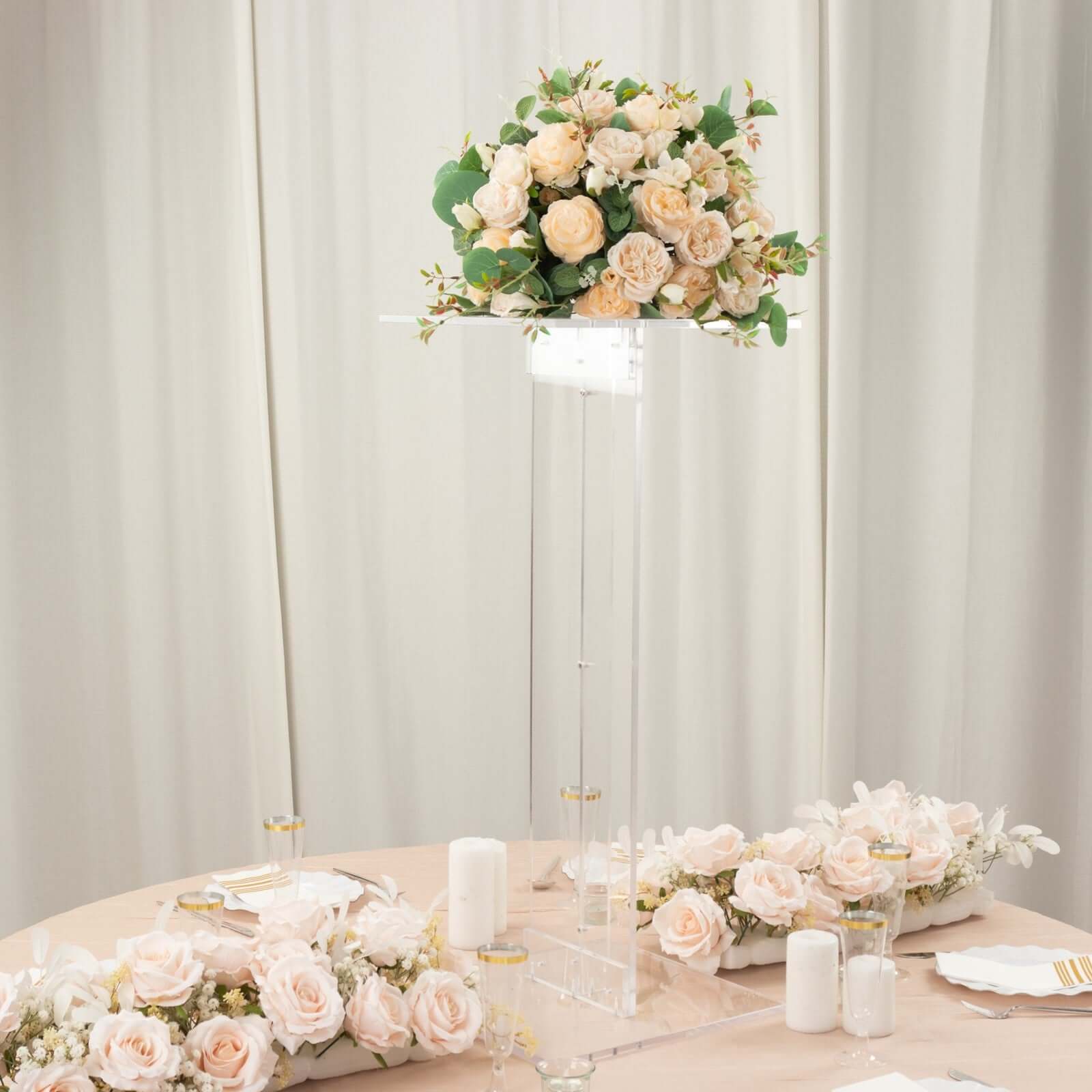 Heavy Duty Acrylic Wedding Display Stand with Square Bases, Clear Plexiglass Flower Pedestal Stand 10mm Thick Plate 32